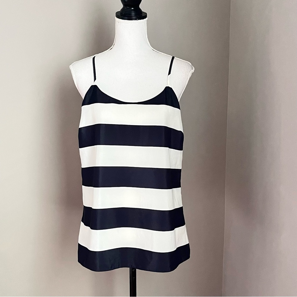 J. Crew Women's Top Size 8 Racerback Navy Blue & Ivory Striped Blouse Nautical